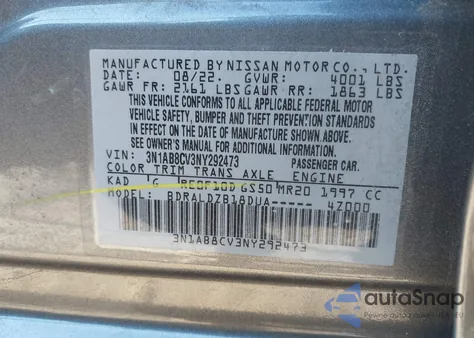 2022 Nissan Sentra Sv Xtronic Cvt from USA, damaged, VIN 3N1AB8CV3NY292473